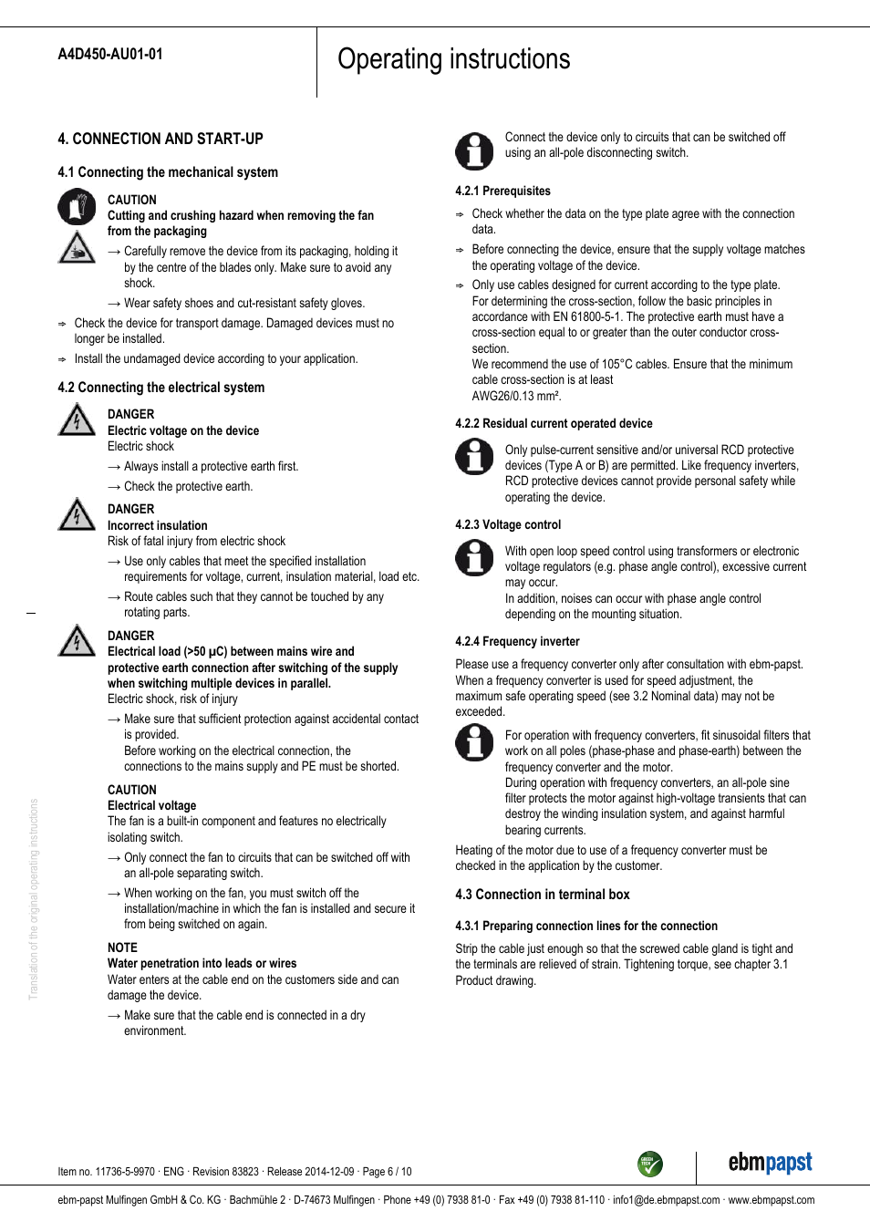 Operating instructions | ebm-papst A4D450-AU01-01 User Manual | Page 6 / 10