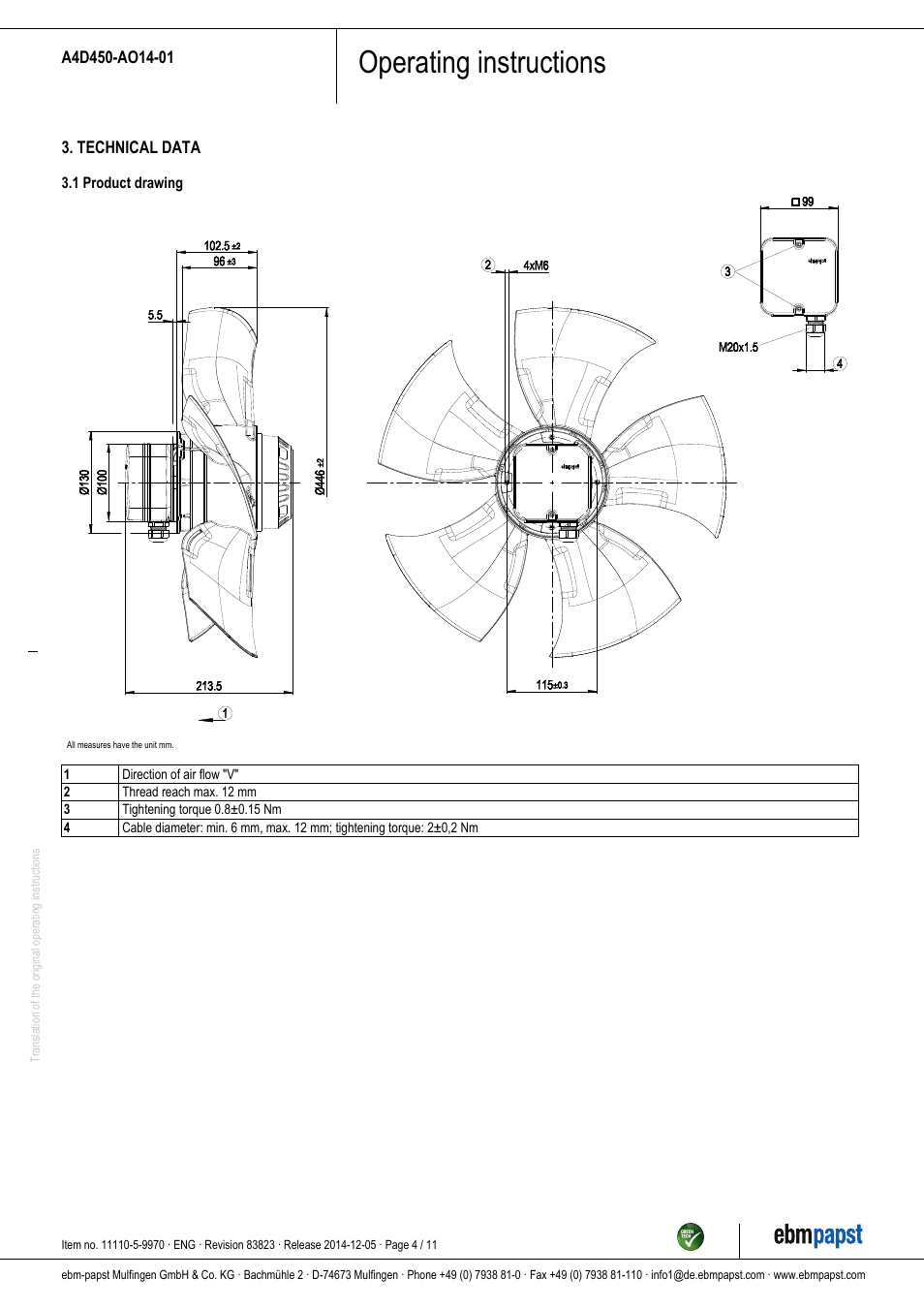 Operating instructions | ebm-papst A4D450-AO14-01 User Manual | Page 4 / 11