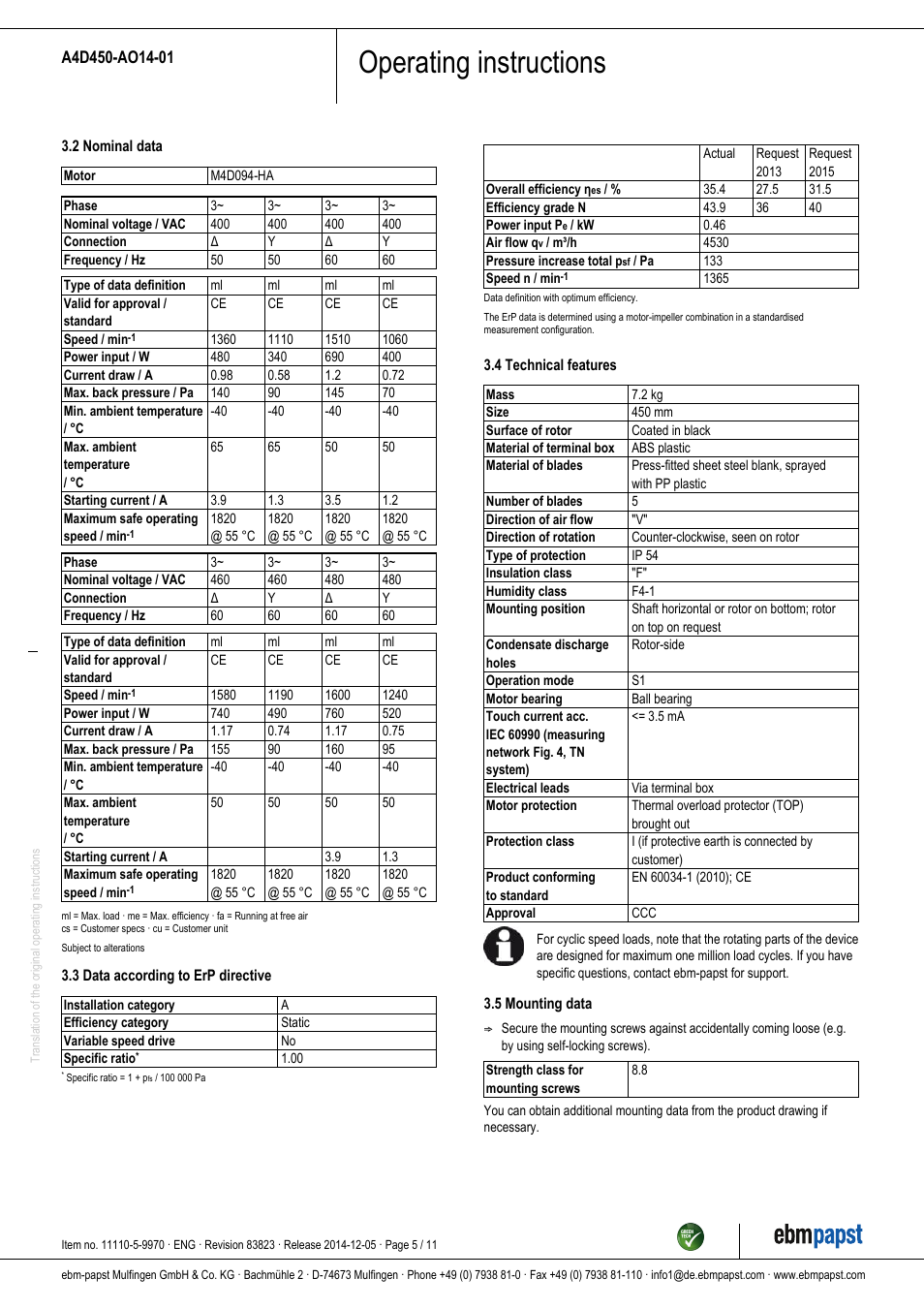 Operating instructions | ebm-papst A4D450-AO14-01 User Manual | Page 5 / 11