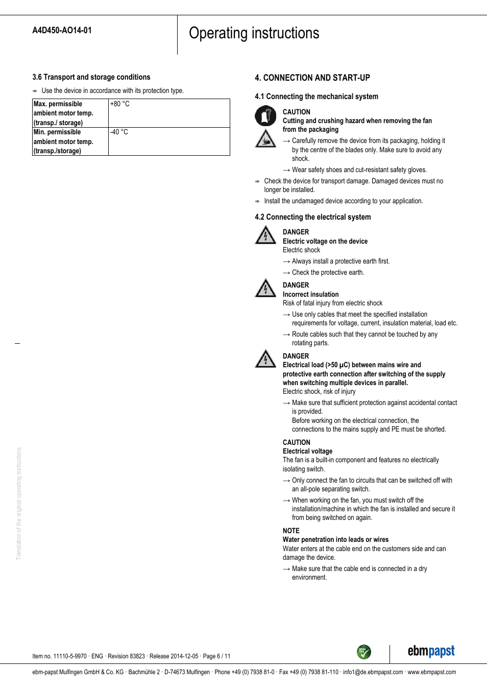 Operating instructions | ebm-papst A4D450-AO14-01 User Manual | Page 6 / 11