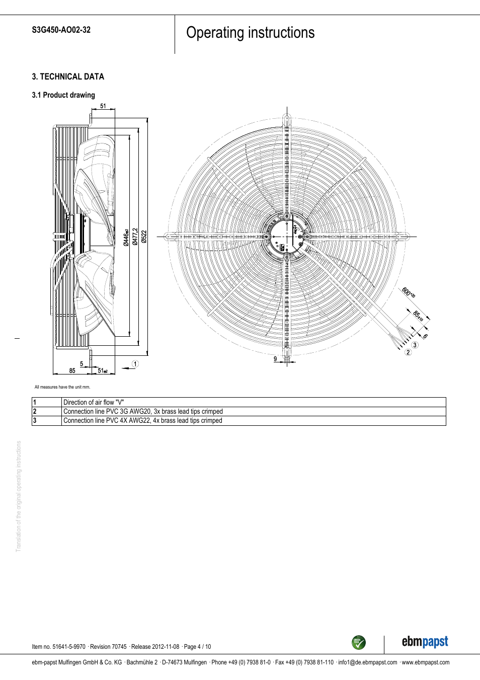 Operating instructions | ebm-papst S3G450-AO02-32 User Manual | Page 4 / 10