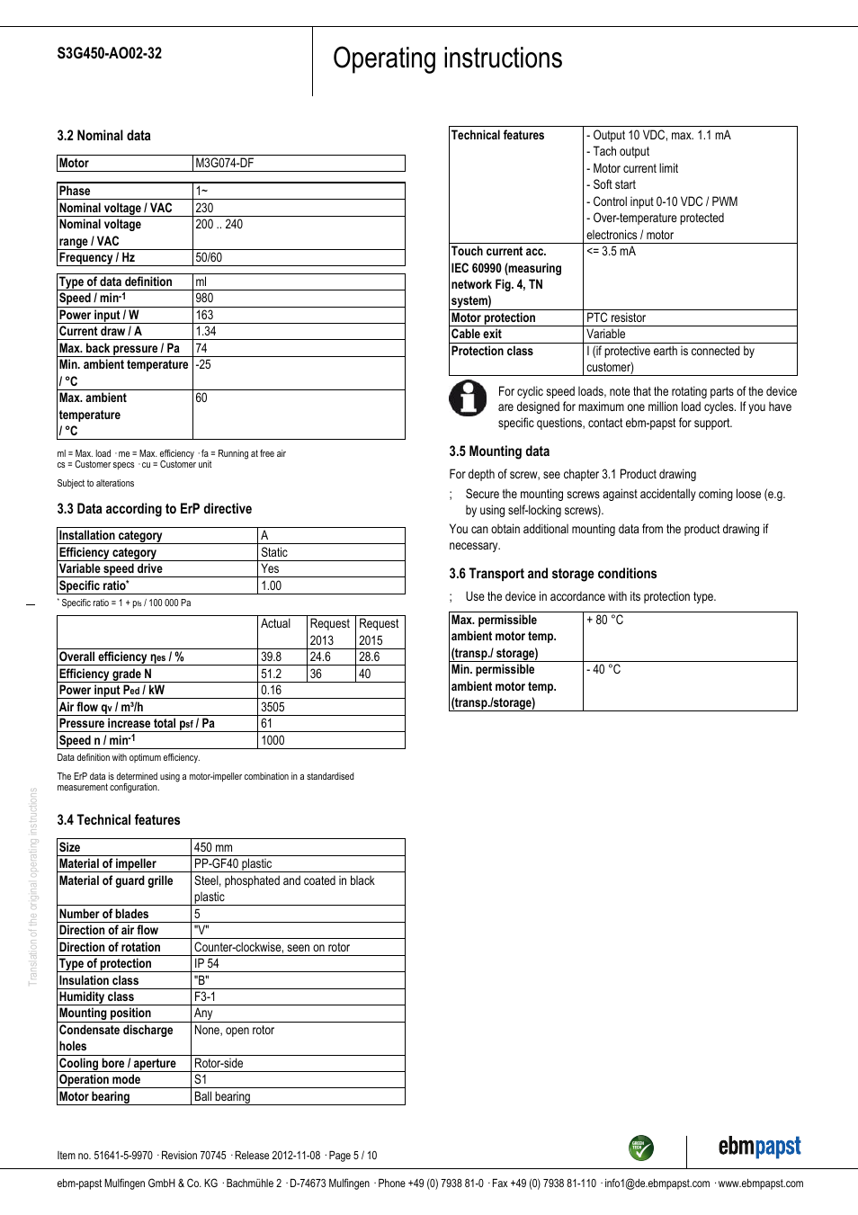 Operating instructions | ebm-papst S3G450-AO02-32 User Manual | Page 5 / 10