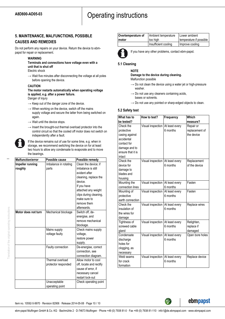 Operating instructions | ebm-papst A8D800-AD05-03 User Manual | Page 10 / 10