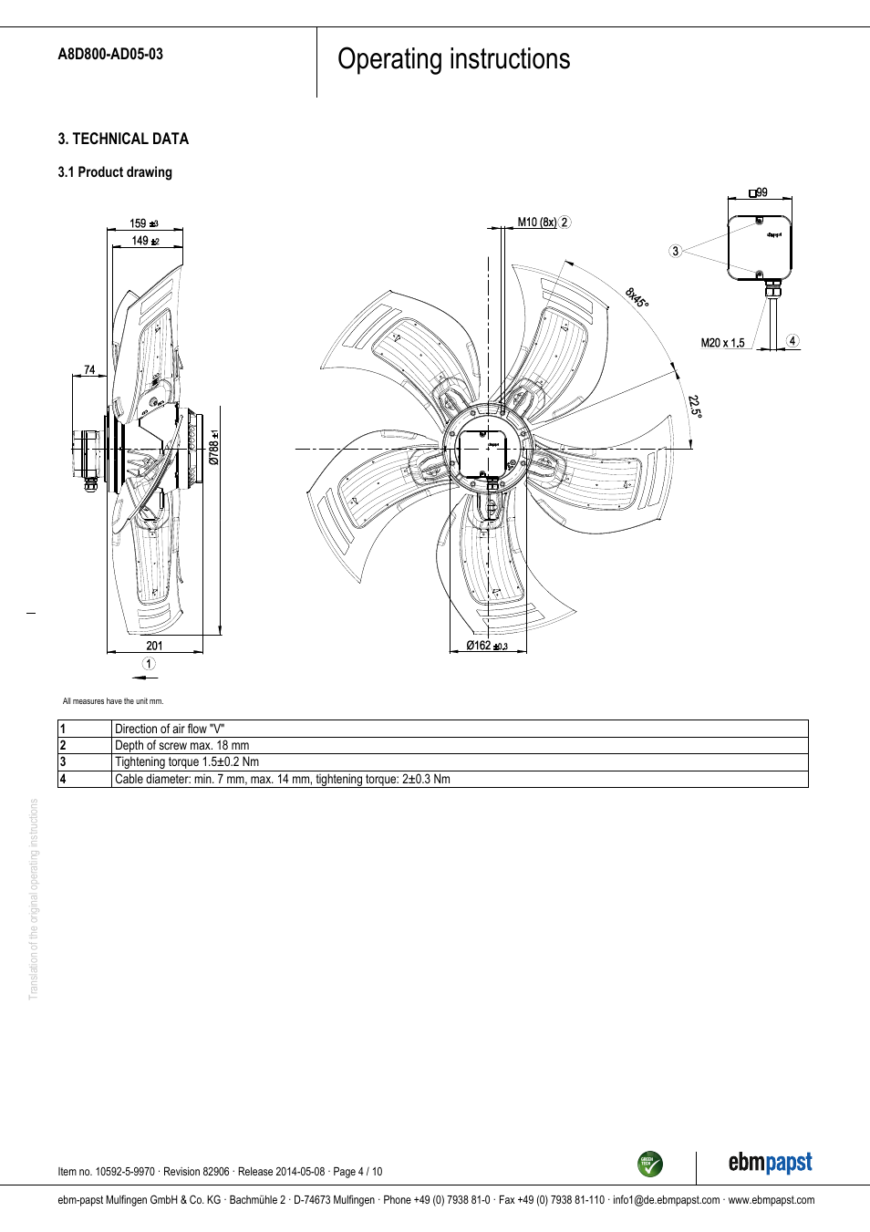 Operating instructions | ebm-papst A8D800-AD05-03 User Manual | Page 4 / 10