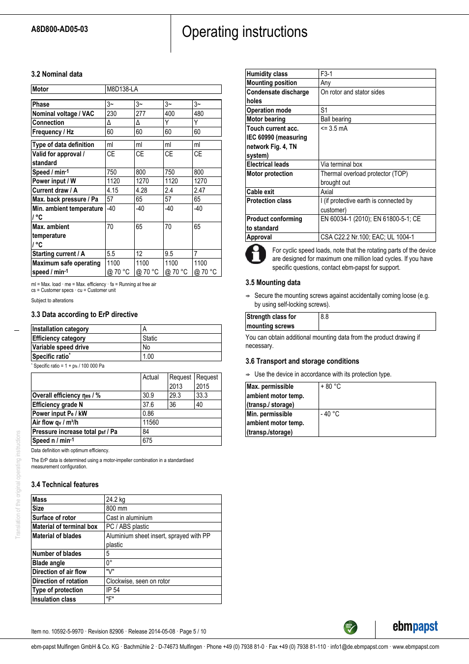Operating instructions | ebm-papst A8D800-AD05-03 User Manual | Page 5 / 10