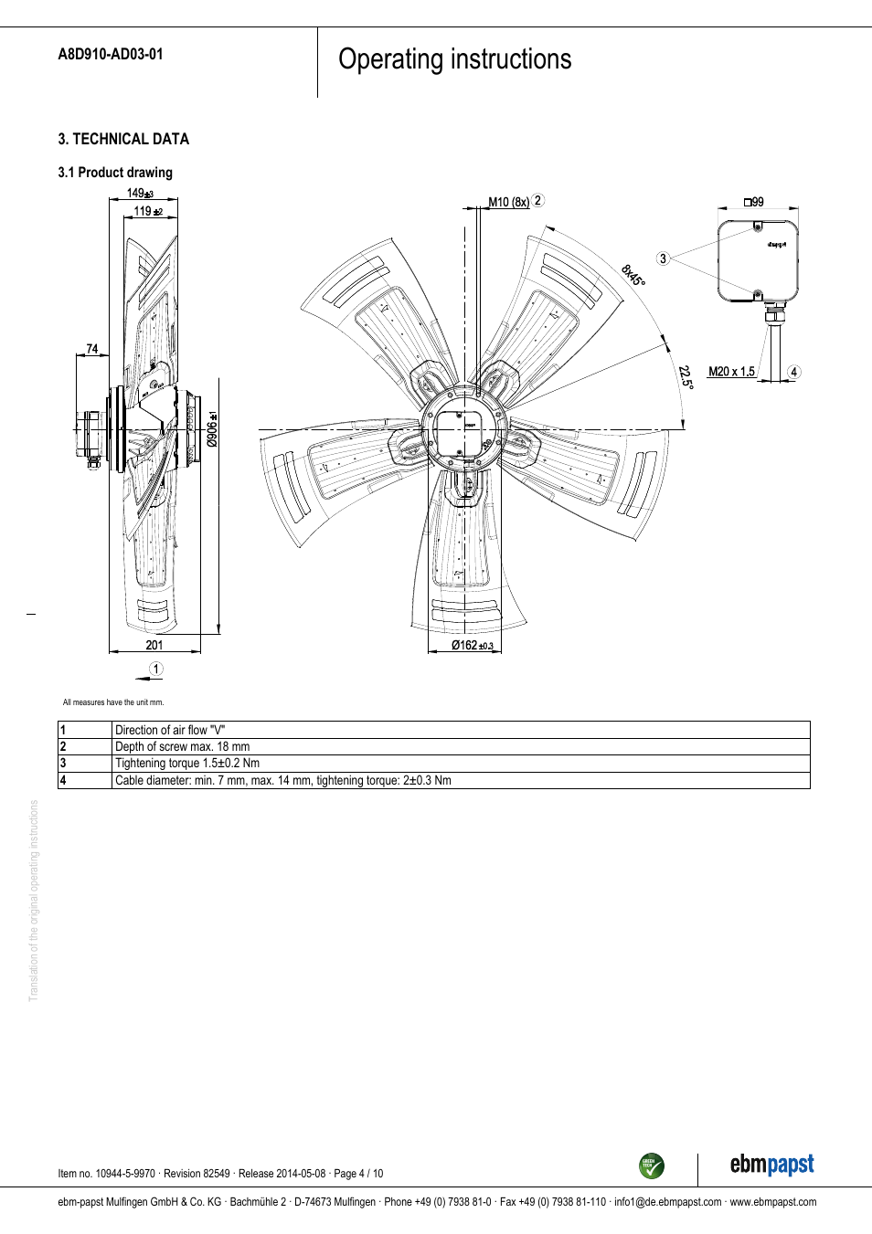 Operating instructions | ebm-papst A8D910-AD03-01 User Manual | Page 4 / 10
