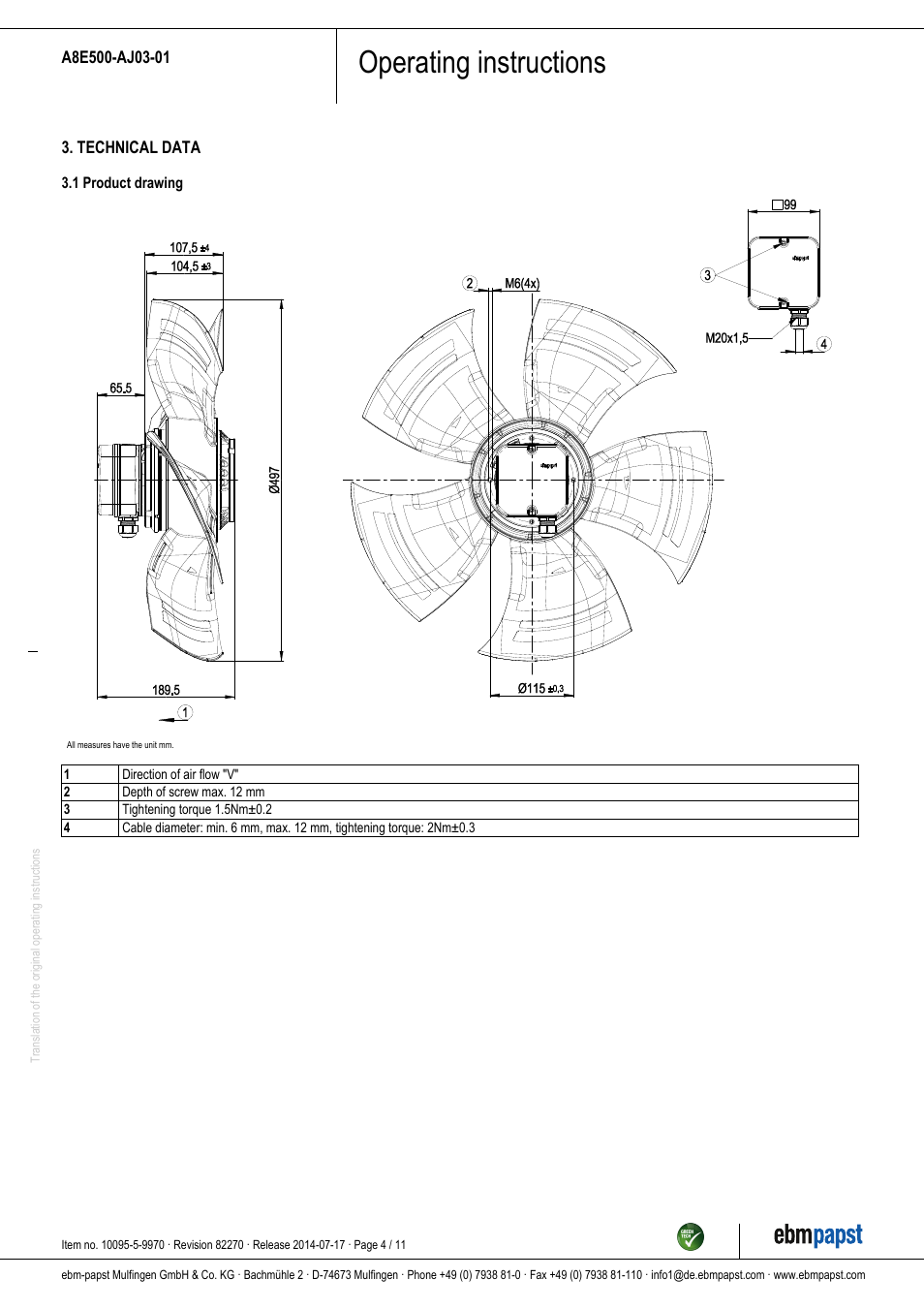 Operating instructions | ebm-papst A8E500-AJ03-01 User Manual | Page 4 / 11