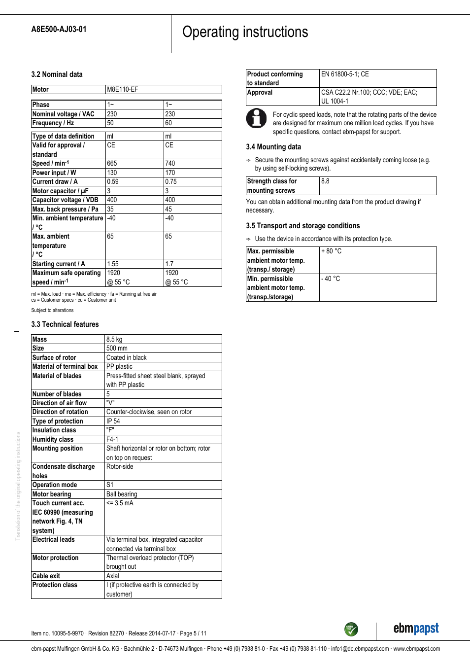 Operating instructions | ebm-papst A8E500-AJ03-01 User Manual | Page 5 / 11