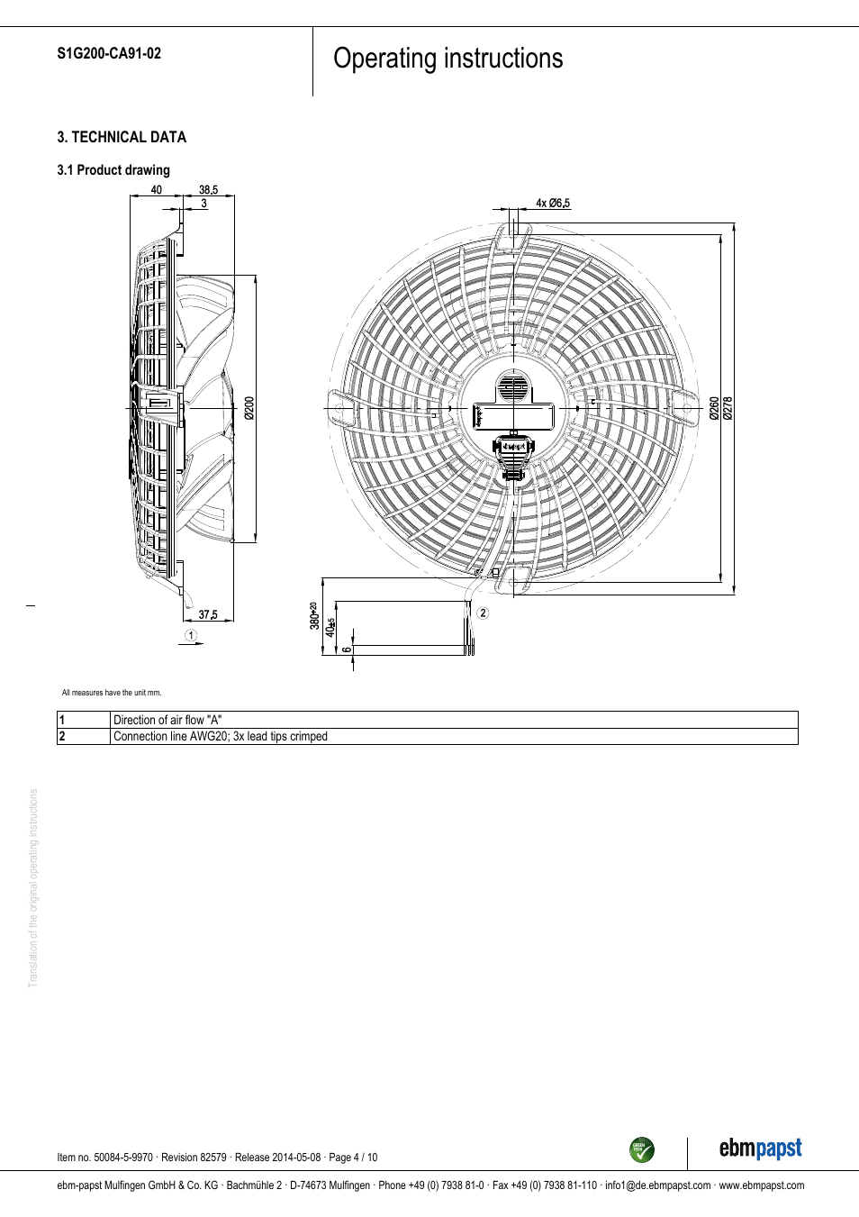 Operating instructions | ebm-papst S1G200-CA91-02 User Manual | Page 4 / 10