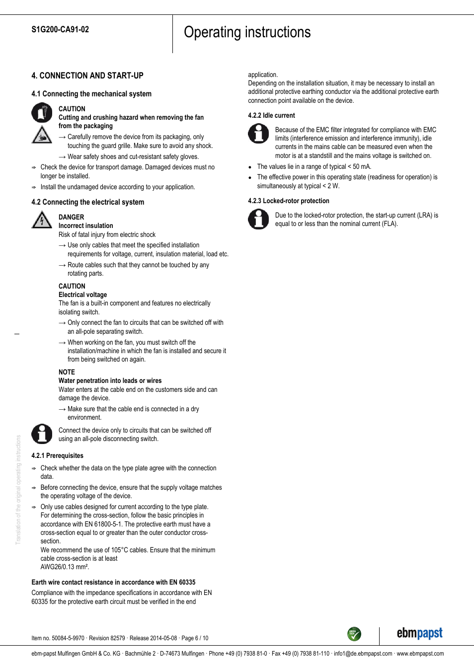Operating instructions | ebm-papst S1G200-CA91-02 User Manual | Page 6 / 10