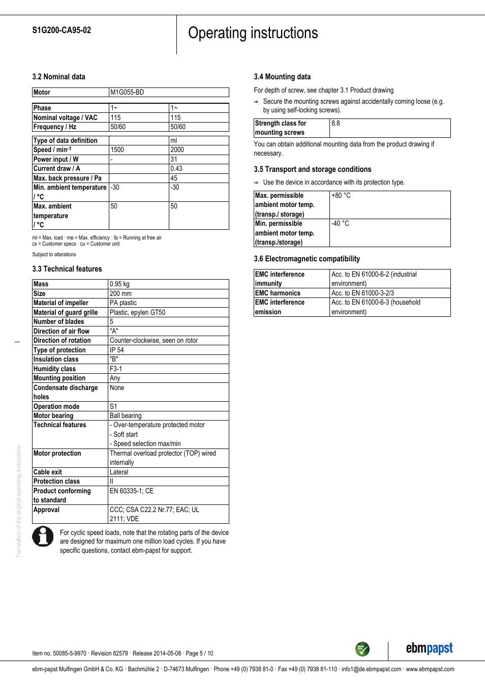 Operating instructions | ebm-papst S1G200-CA95-02 User Manual | Page 5 / 10