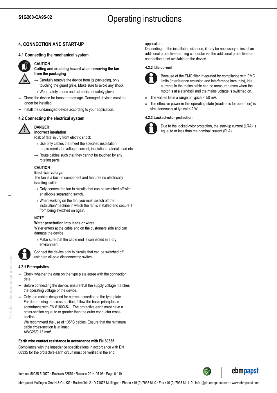 Operating instructions | ebm-papst S1G200-CA95-02 User Manual | Page 6 / 10
