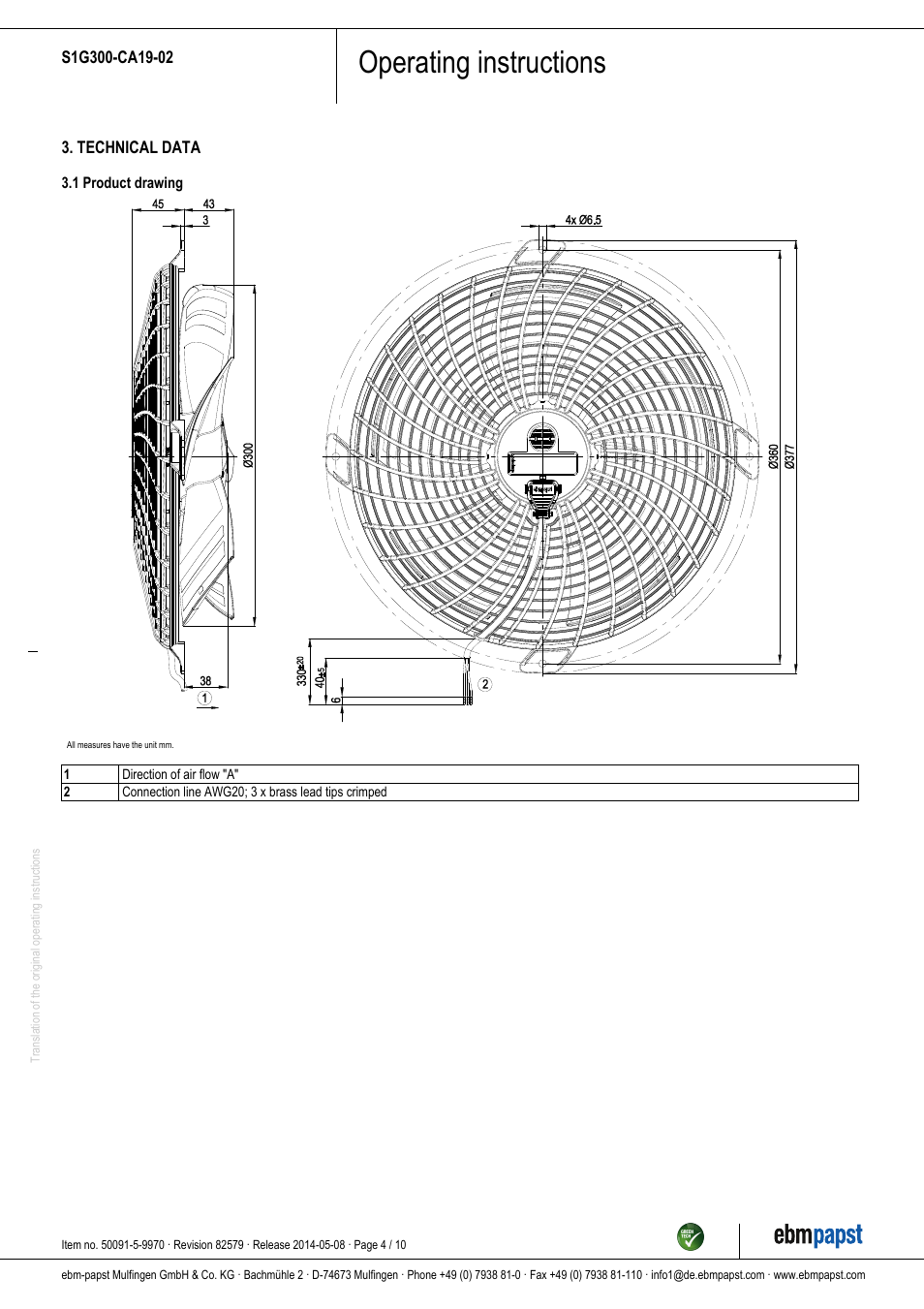 Operating instructions | ebm-papst S1G300-CA19-02 User Manual | Page 4 / 10