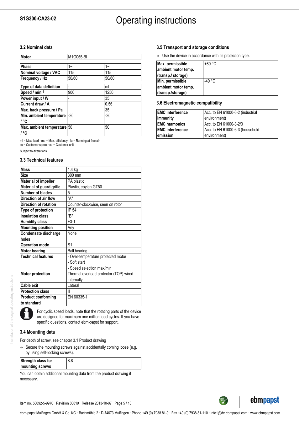 Operating instructions | ebm-papst S1G300-CA23-02 User Manual | Page 5 / 10