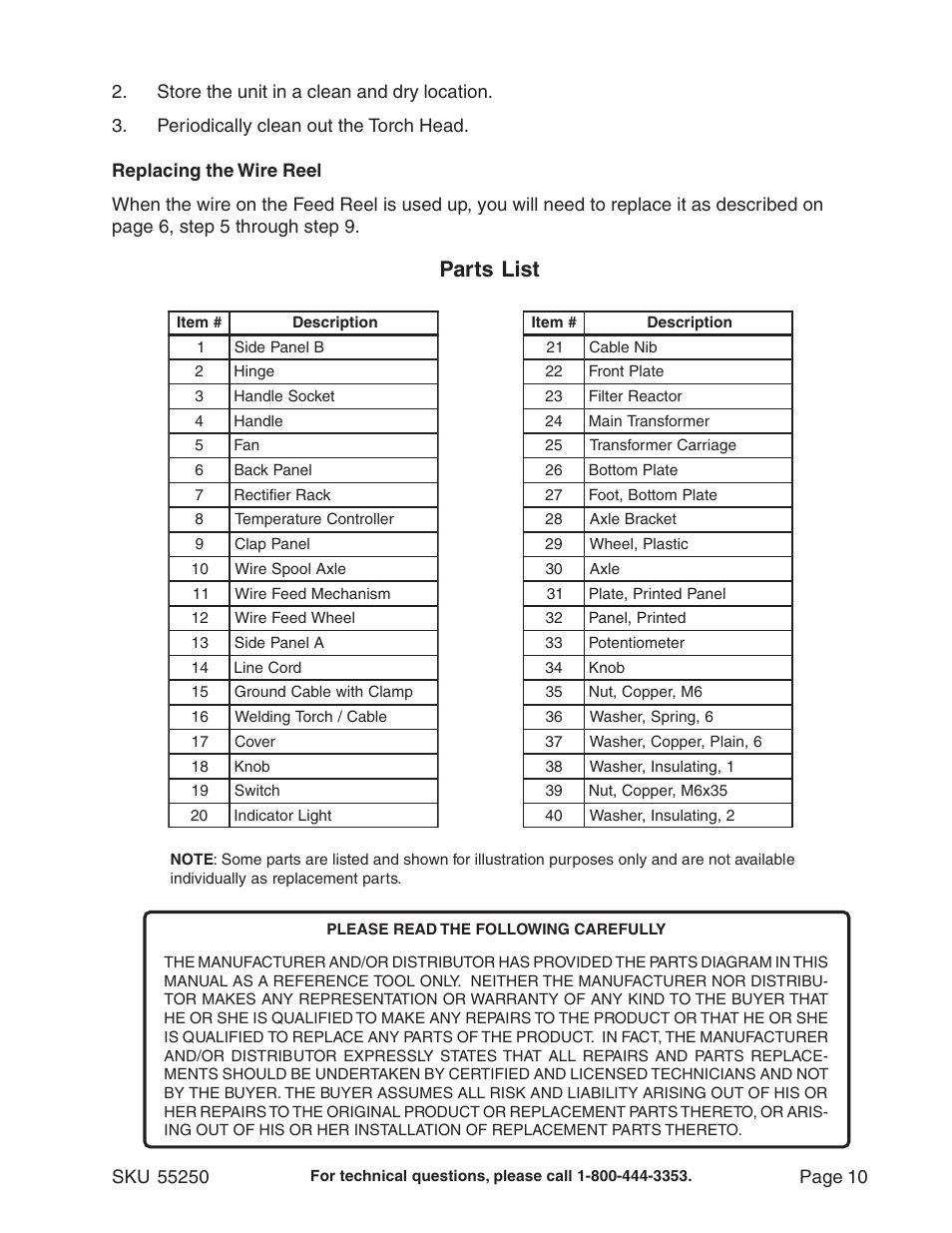 Parts list | Chicago Electric Model 55250 User Manual | Page 10 / 14