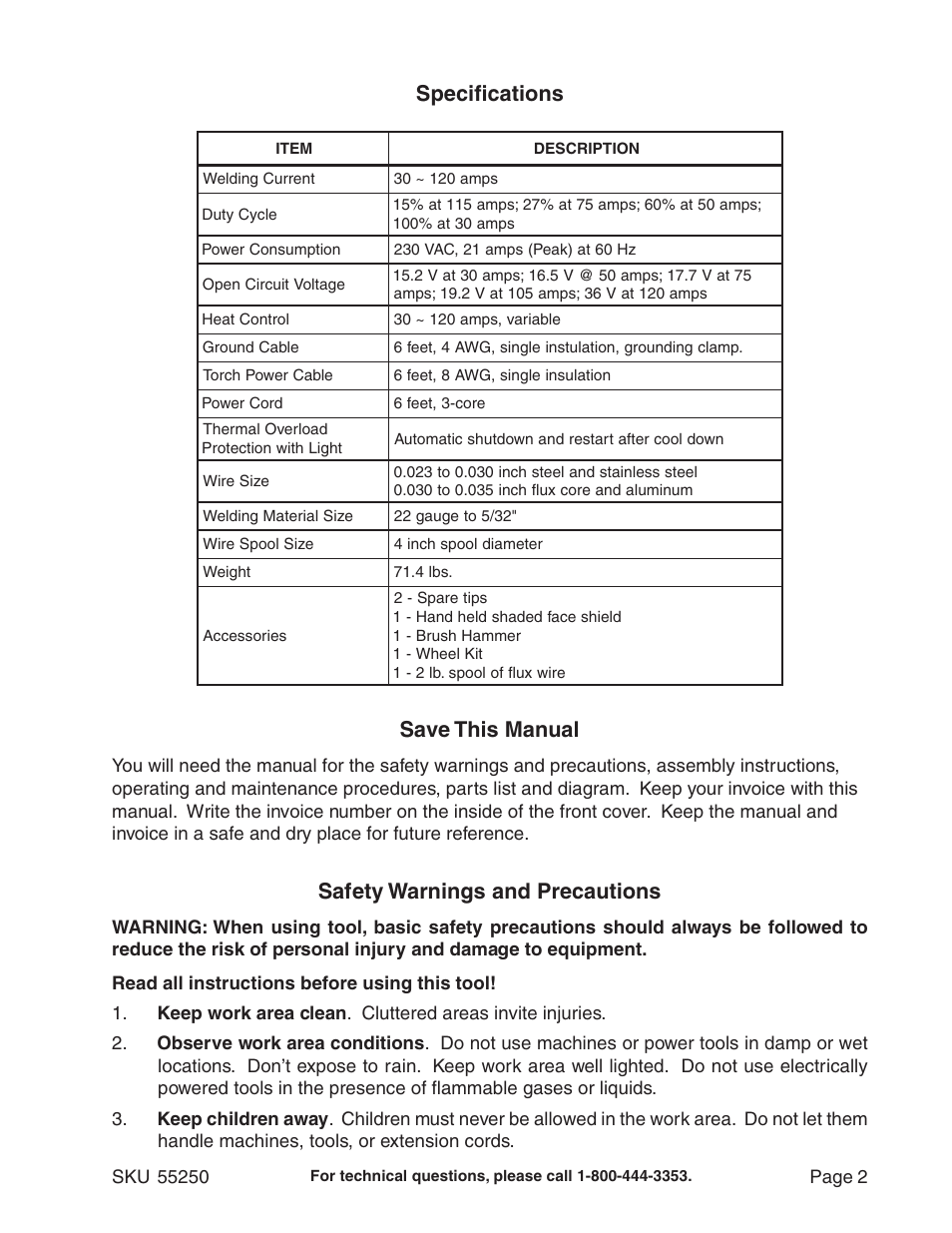 Specifications, Save this manual, Safety warnings and precautions | Chicago Electric Model 55250 User Manual | Page 2 / 14