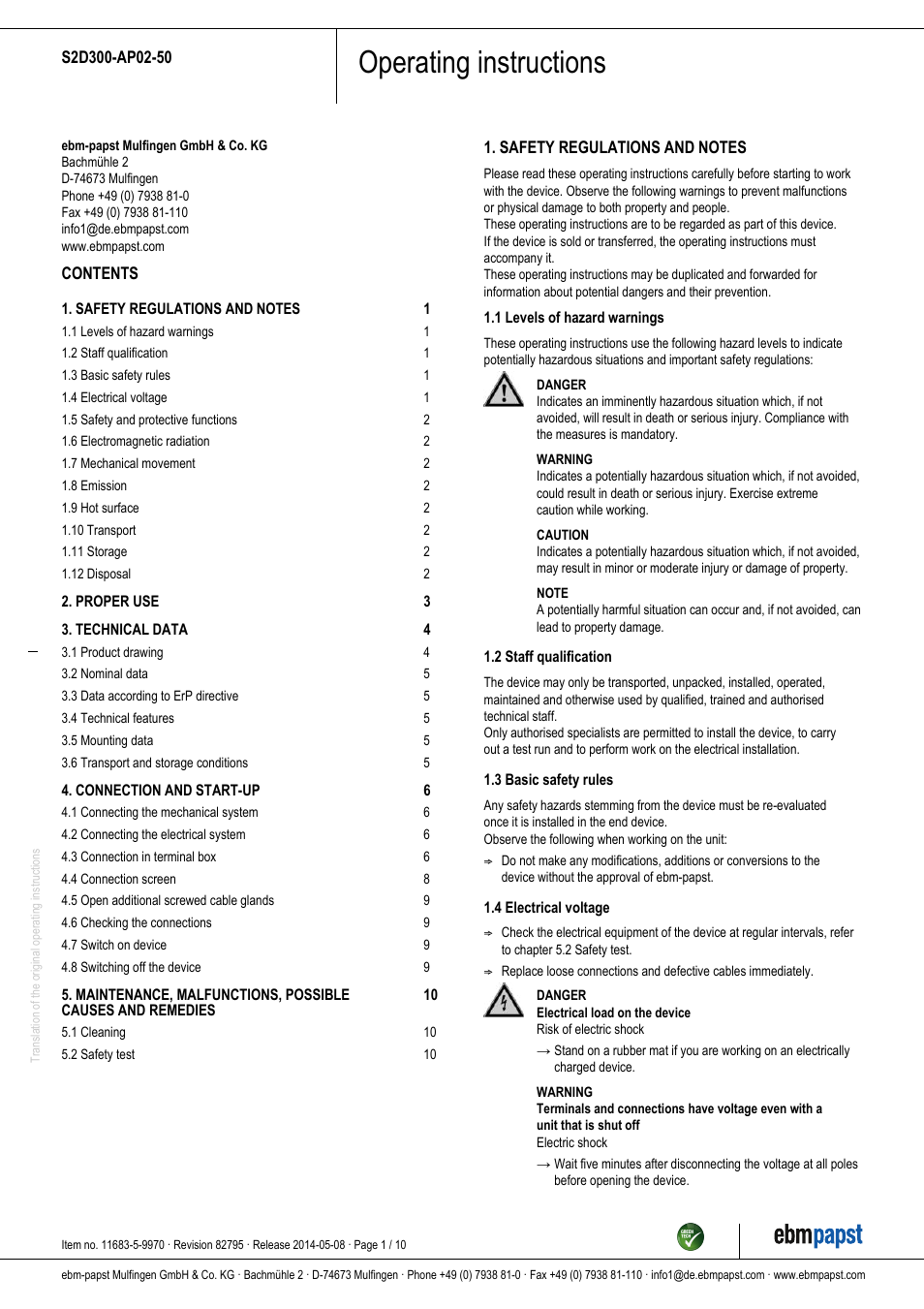 ebm-papst S2D300-AP02-50 User Manual | 10 pages