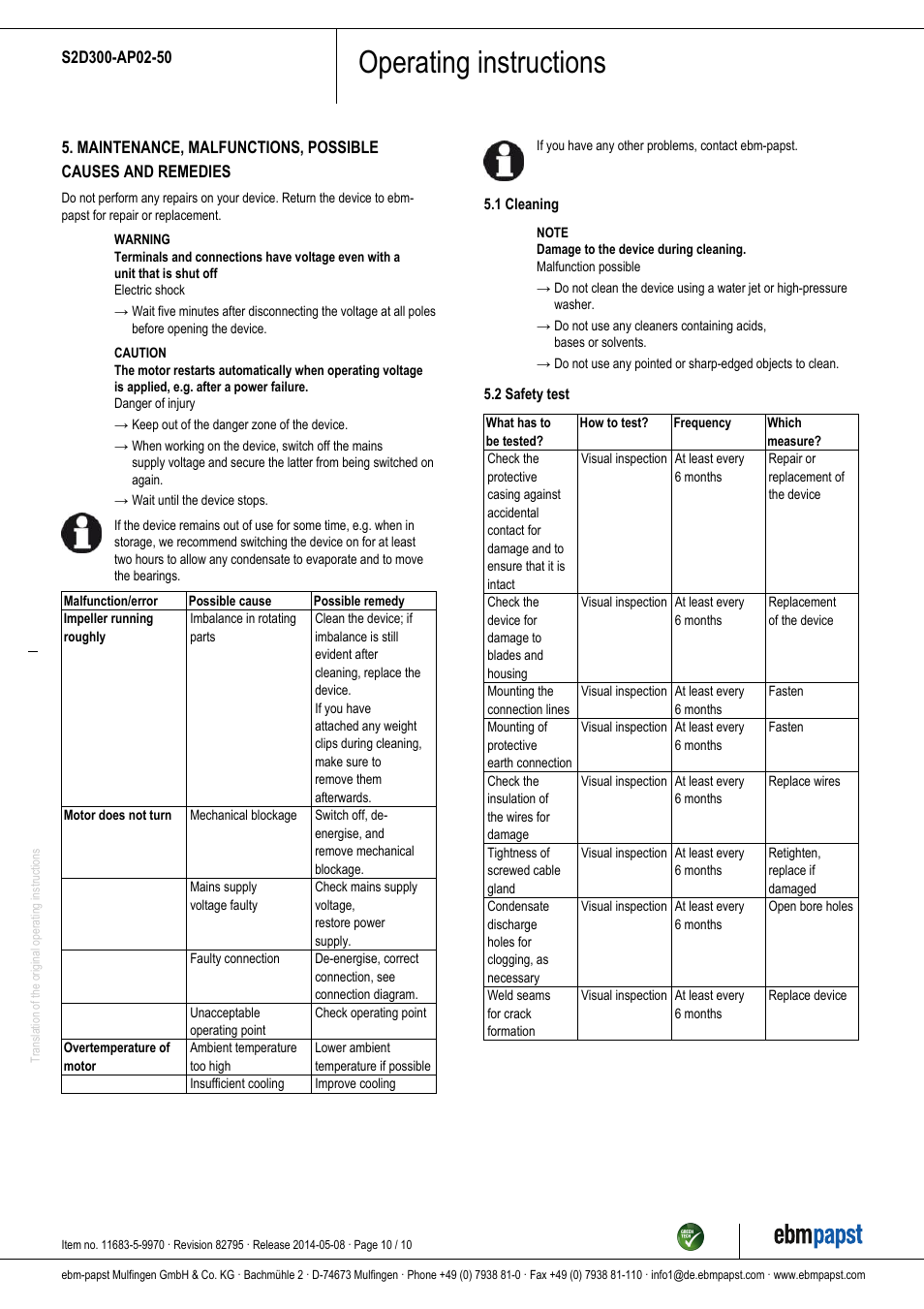 Operating instructions | ebm-papst S2D300-AP02-50 User Manual | Page 10 / 10