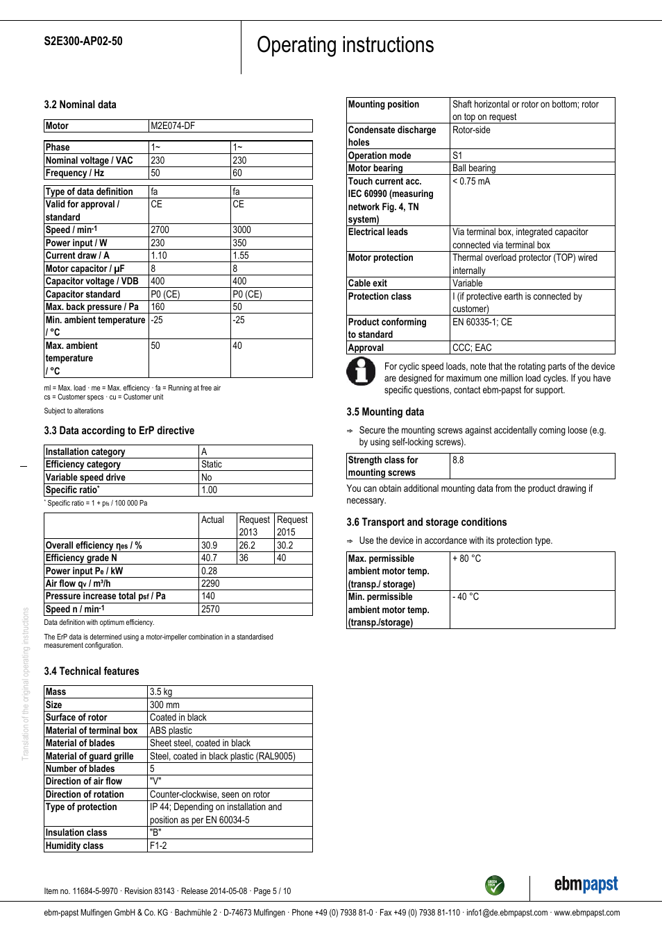 Operating instructions | ebm-papst S2E300-AP02-50 User Manual | Page 5 / 10