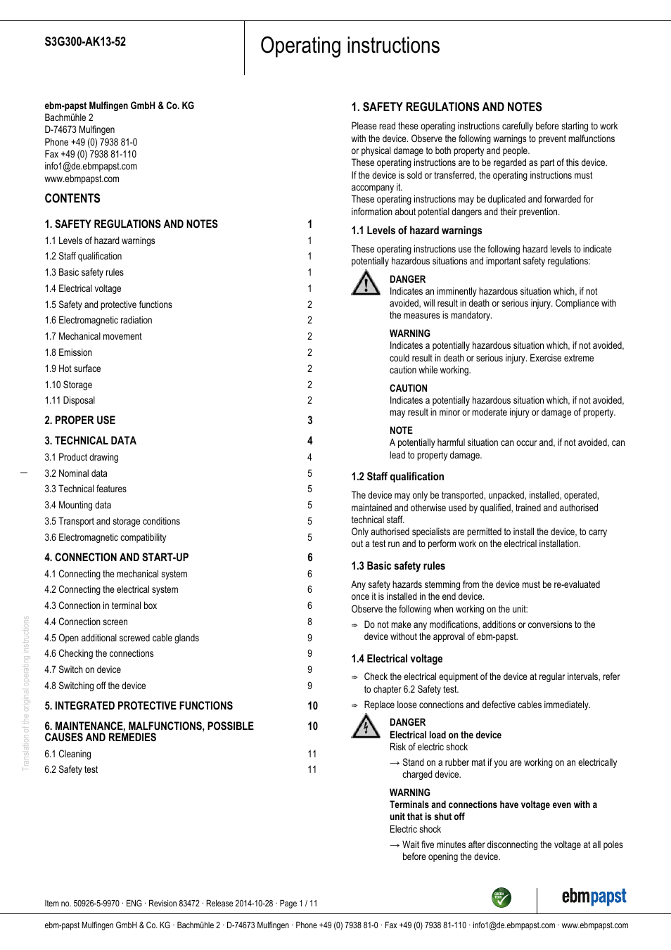 ebm-papst S3G300-AK13-52 User Manual | 11 pages