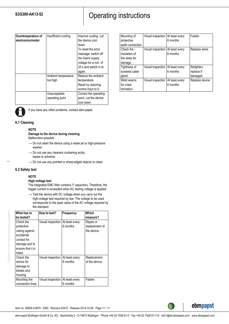 Operating instructions | ebm-papst S3G300-AK13-52 User Manual | Page 11 / 11