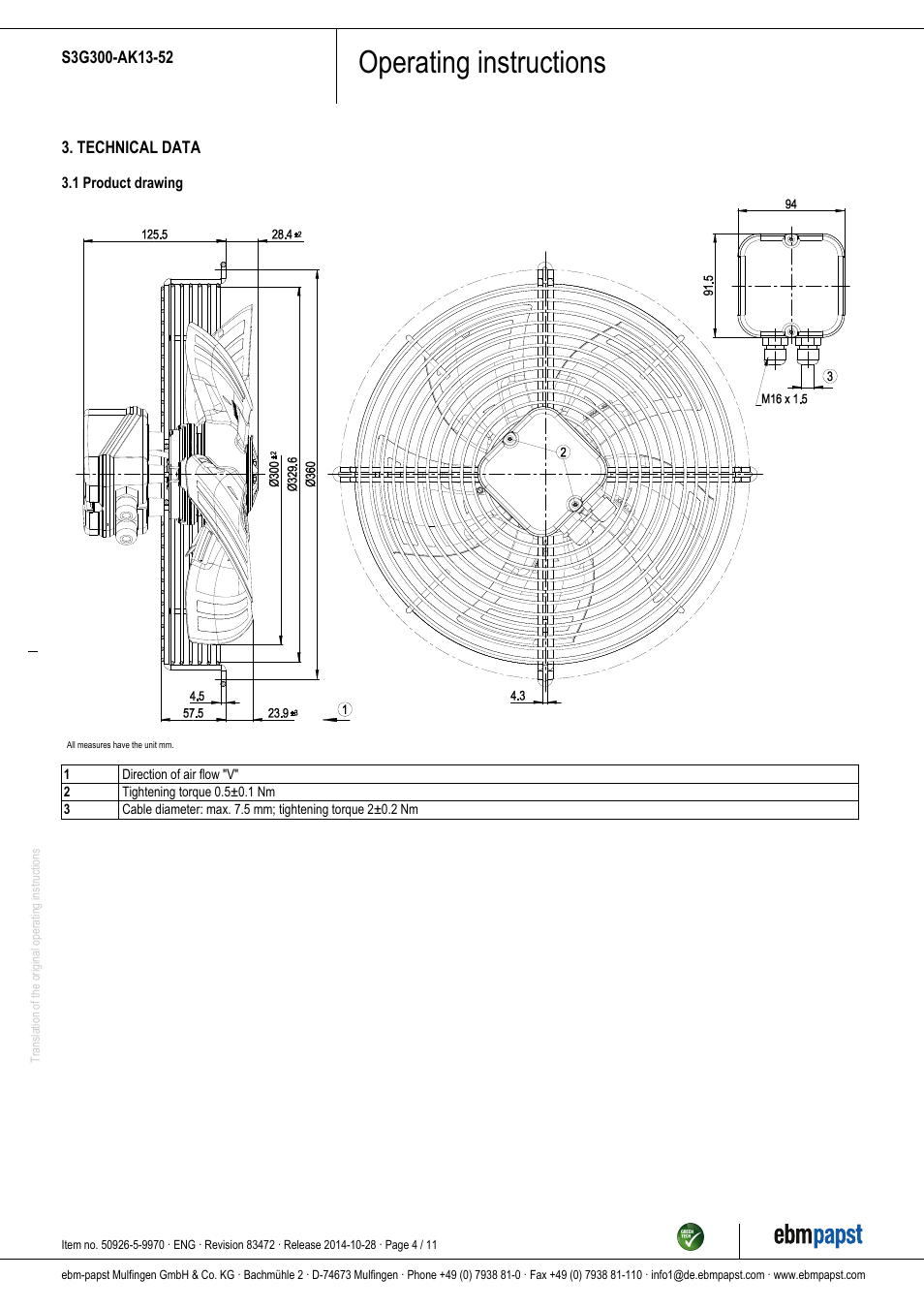 Operating instructions | ebm-papst S3G300-AK13-52 User Manual | Page 4 / 11