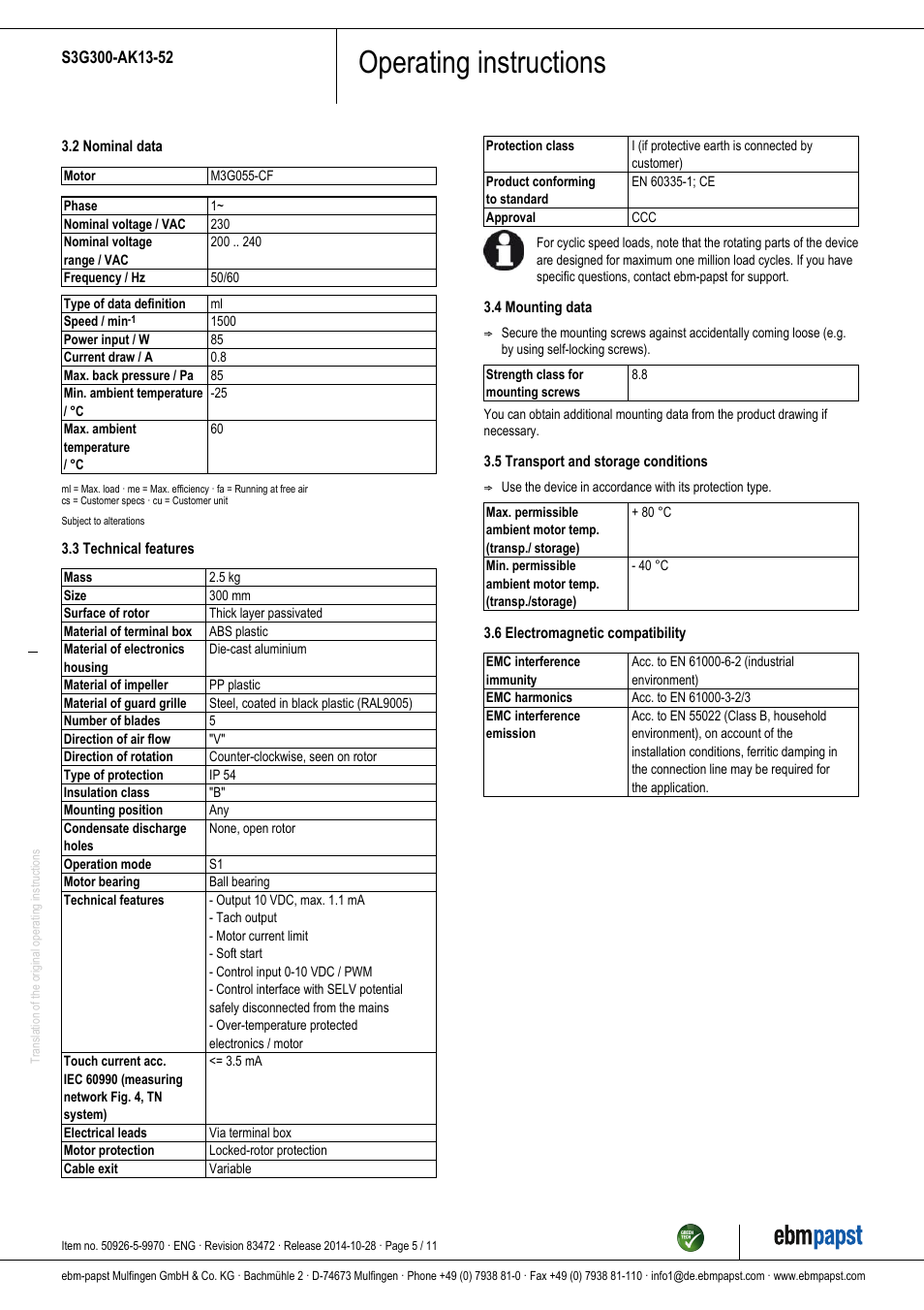 Operating instructions | ebm-papst S3G300-AK13-52 User Manual | Page 5 / 11