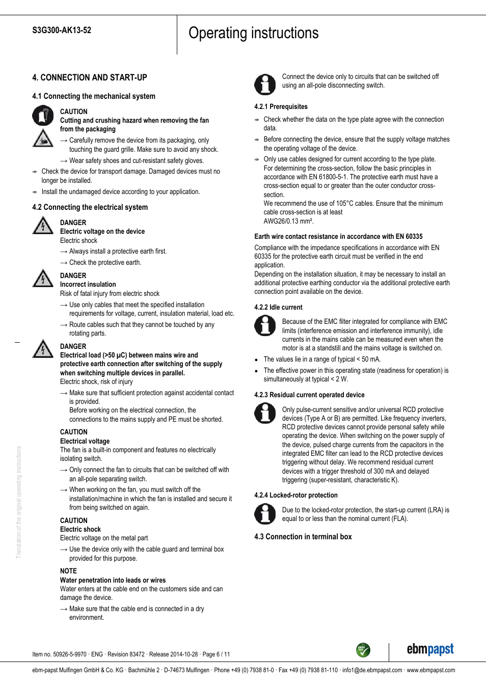 Operating instructions | ebm-papst S3G300-AK13-52 User Manual | Page 6 / 11