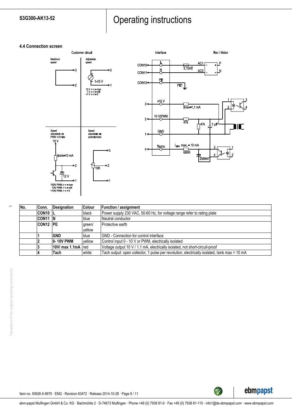 Operating instructions | ebm-papst S3G300-AK13-52 User Manual | Page 8 / 11