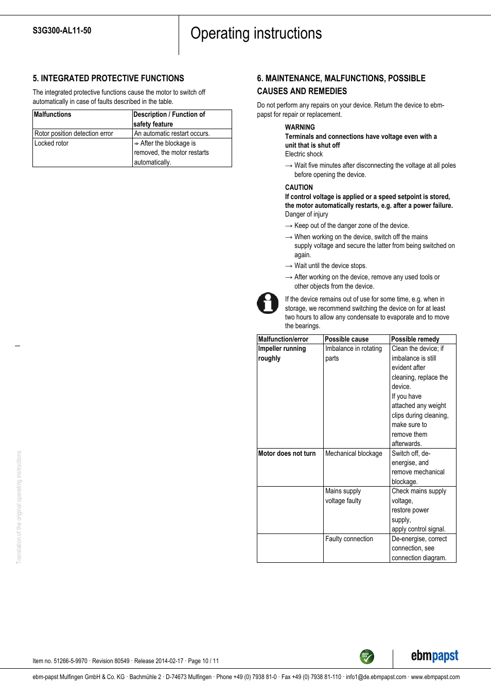 Operating instructions | ebm-papst S3G300-AL11-50 User Manual | Page 10 / 11