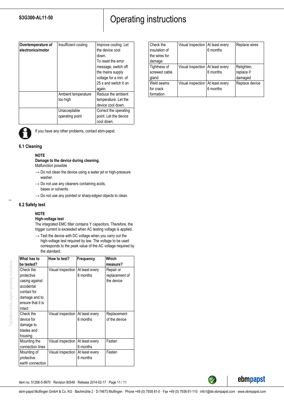 Operating instructions | ebm-papst S3G300-AL11-50 User Manual | Page 11 / 11