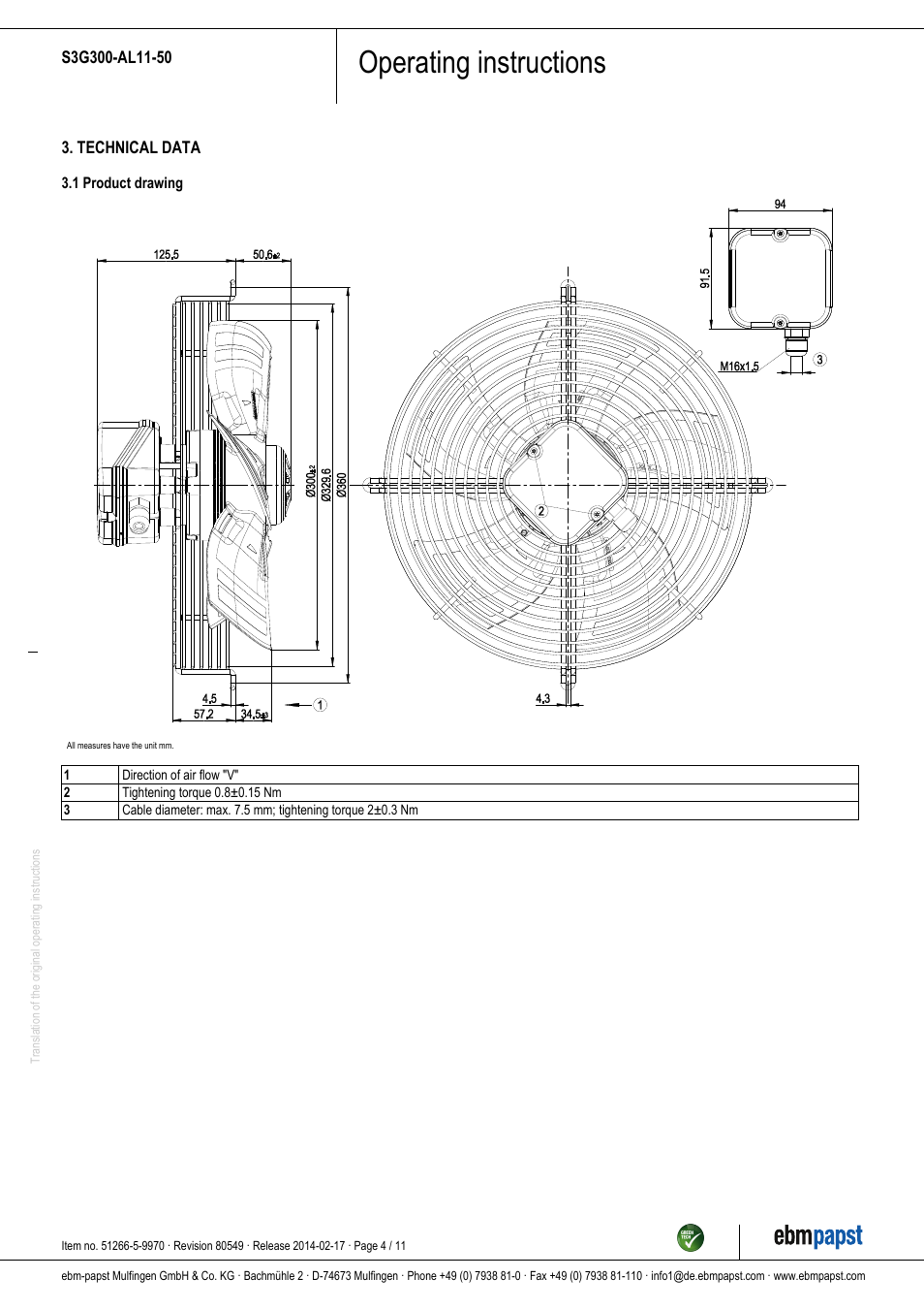 Operating instructions | ebm-papst S3G300-AL11-50 User Manual | Page 4 / 11