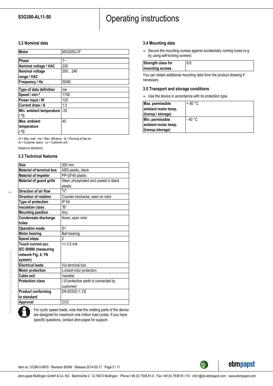 Operating instructions | ebm-papst S3G300-AL11-50 User Manual | Page 5 / 11