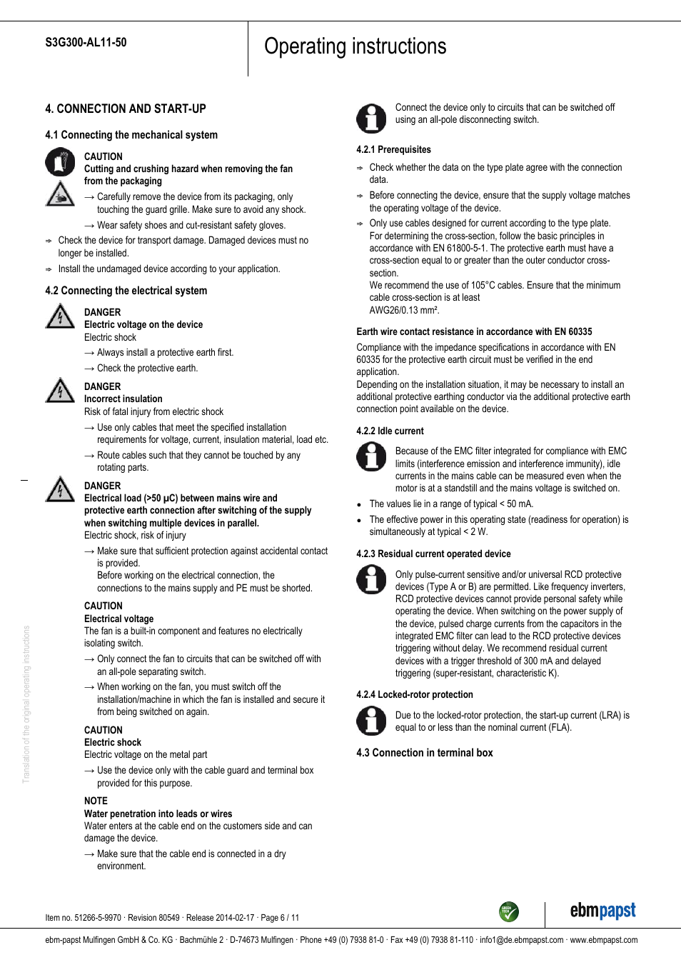 Operating instructions | ebm-papst S3G300-AL11-50 User Manual | Page 6 / 11