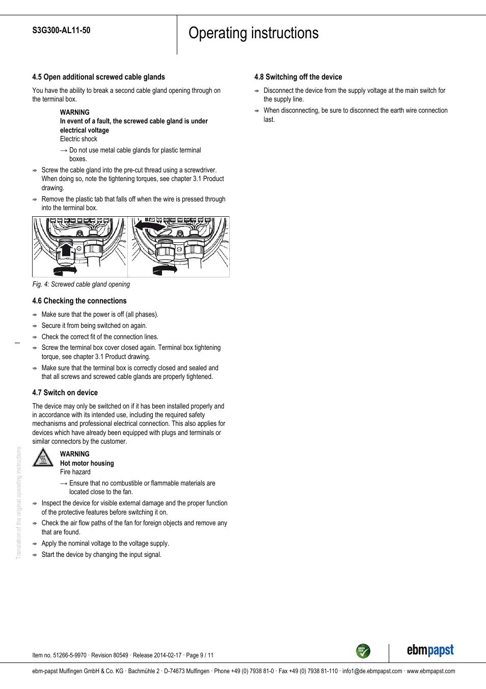 Operating instructions | ebm-papst S3G300-AL11-50 User Manual | Page 9 / 11