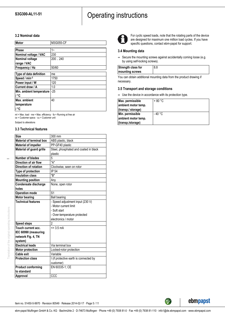 Operating instructions | ebm-papst S3G300-AL11-51 User Manual | Page 5 / 11