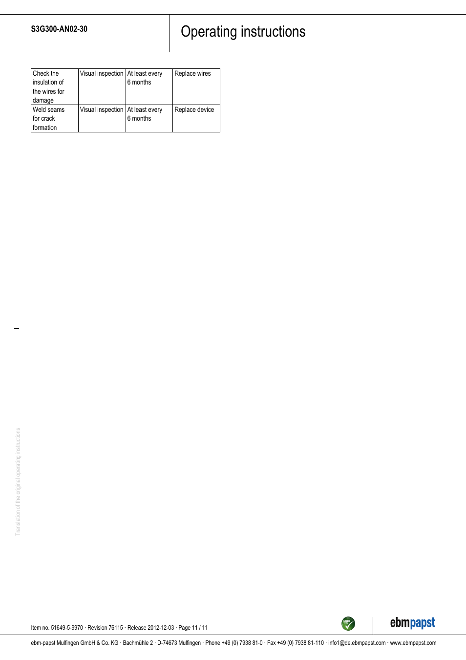 Operating instructions | ebm-papst S3G300-AN02-30 User Manual | Page 11 / 11