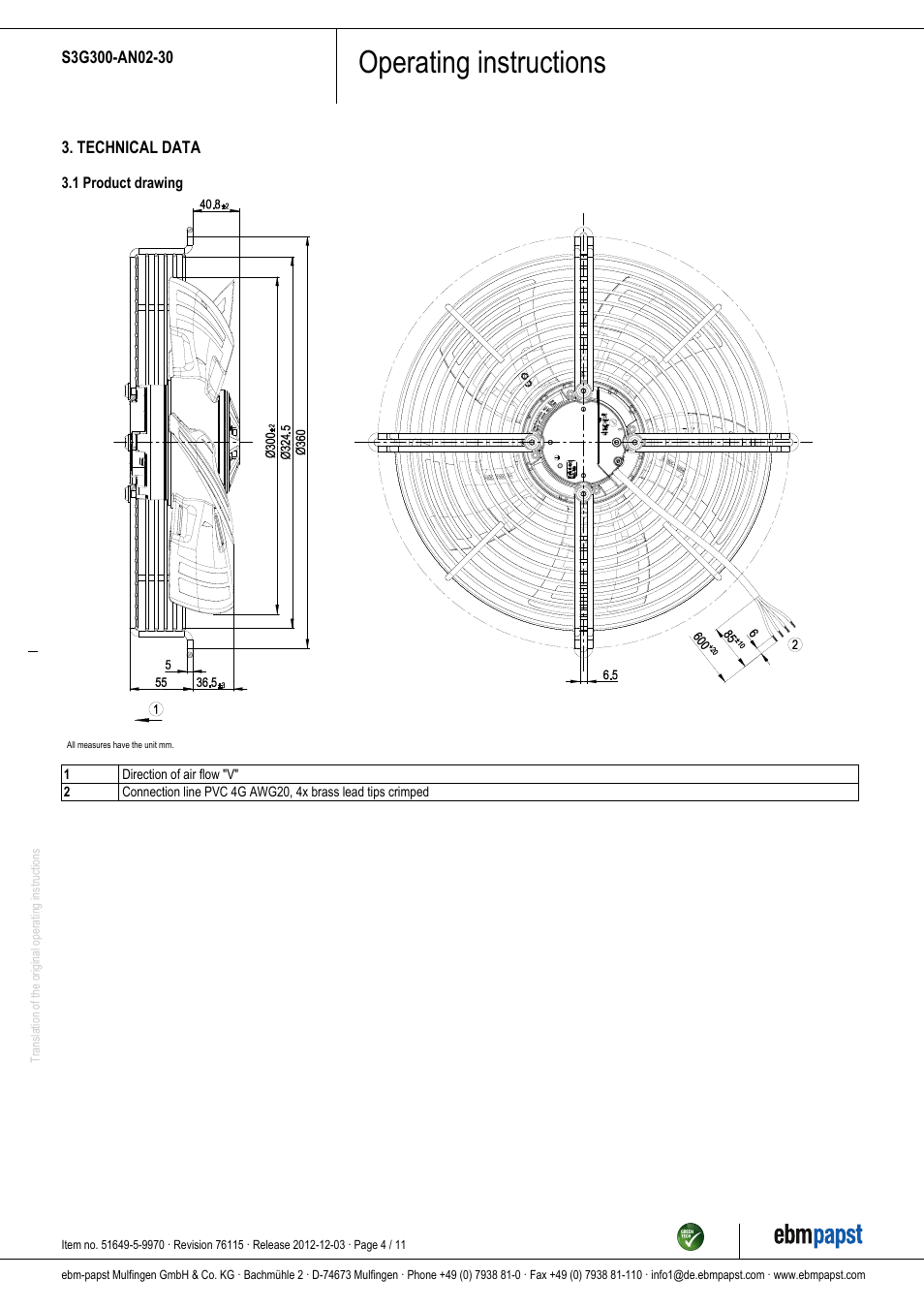 Operating instructions | ebm-papst S3G300-AN02-30 User Manual | Page 4 / 11