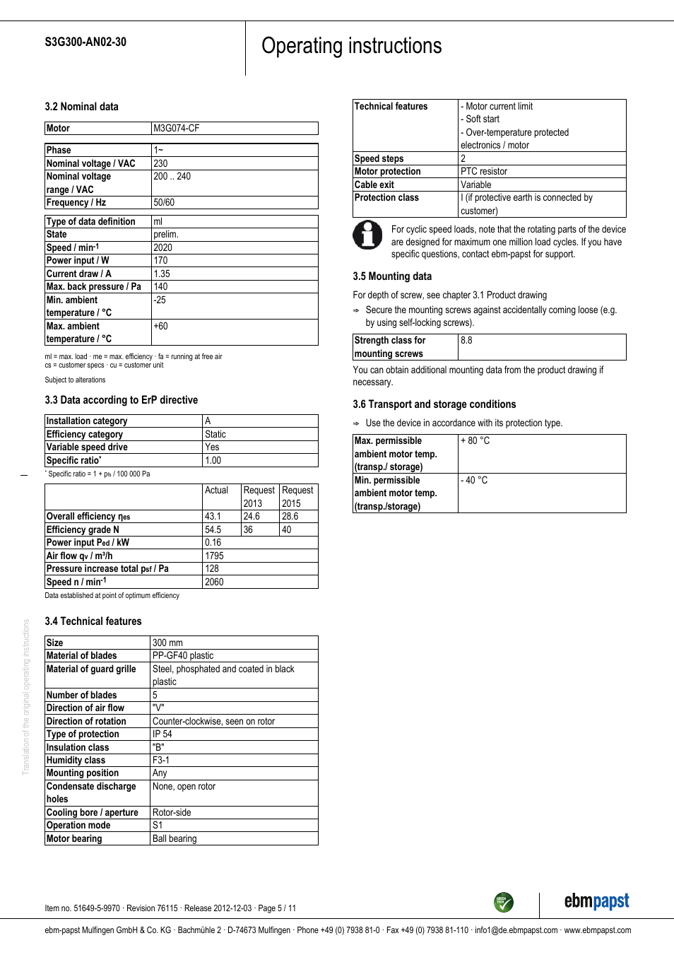 Operating instructions | ebm-papst S3G300-AN02-30 User Manual | Page 5 / 11