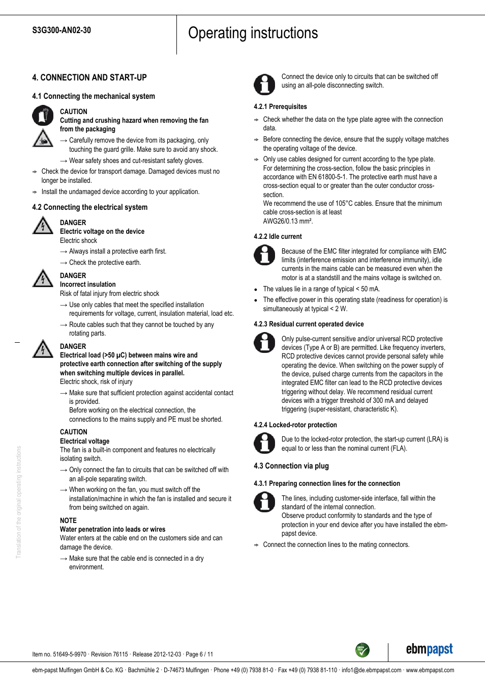 Operating instructions | ebm-papst S3G300-AN02-30 User Manual | Page 6 / 11