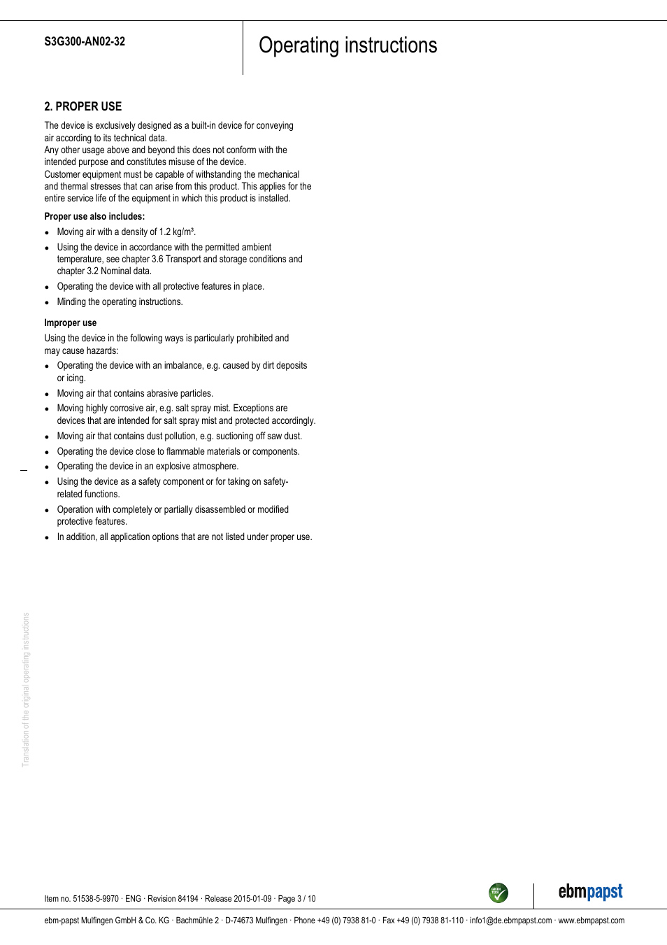 Operating instructions, Proper use | ebm-papst S3G300-AN02-32 User Manual | Page 3 / 10