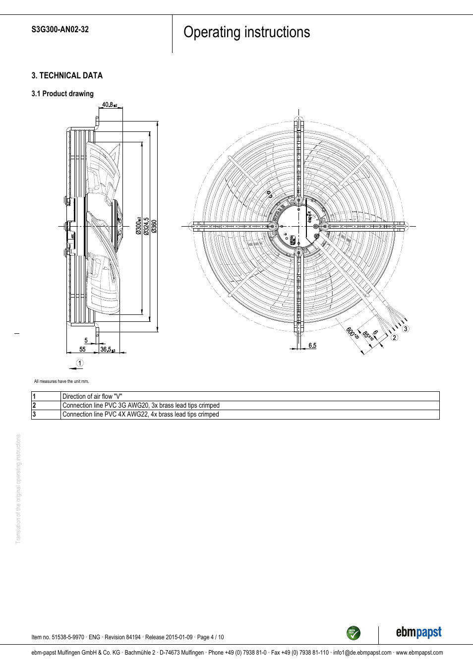 Operating instructions | ebm-papst S3G300-AN02-32 User Manual | Page 4 / 10