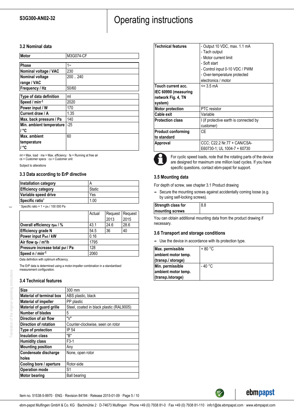 Operating instructions | ebm-papst S3G300-AN02-32 User Manual | Page 5 / 10