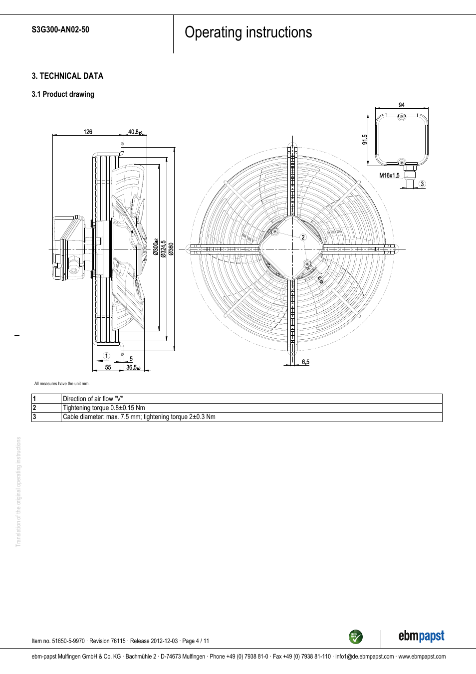 Operating instructions | ebm-papst S3G300-AN02-50 User Manual | Page 4 / 11