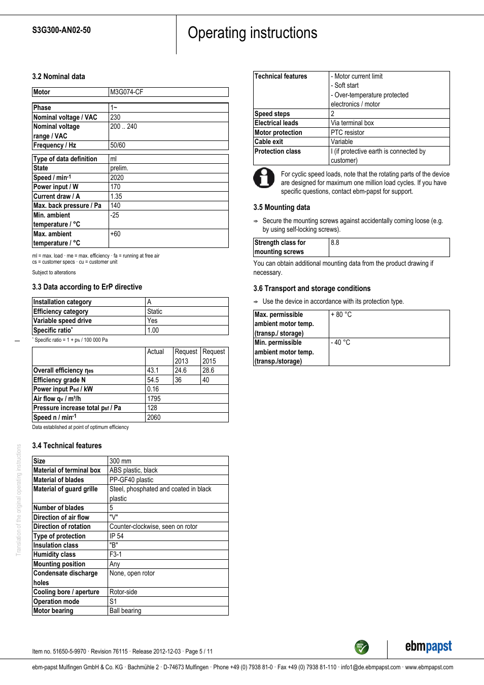 Operating instructions | ebm-papst S3G300-AN02-50 User Manual | Page 5 / 11