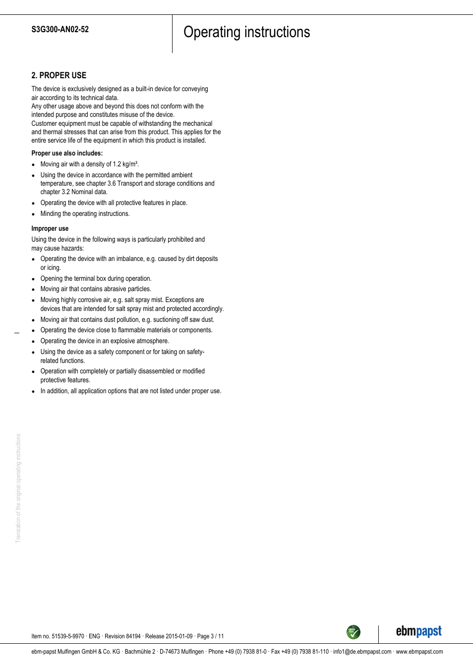 Operating instructions, Proper use | ebm-papst S3G300-AN02-52 User Manual | Page 3 / 11