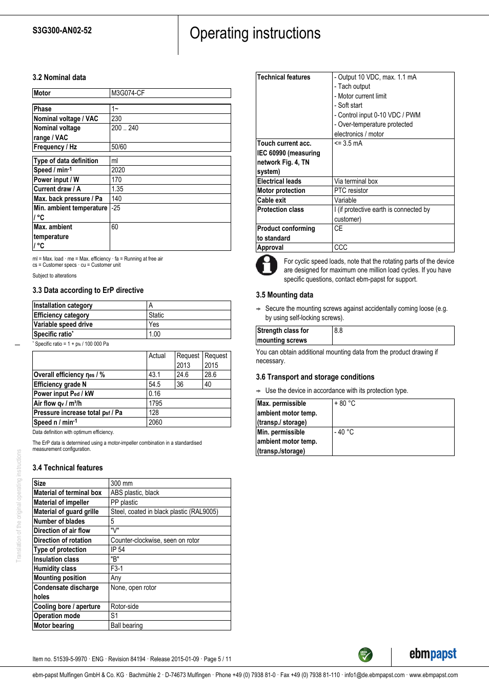 Operating instructions | ebm-papst S3G300-AN02-52 User Manual | Page 5 / 11