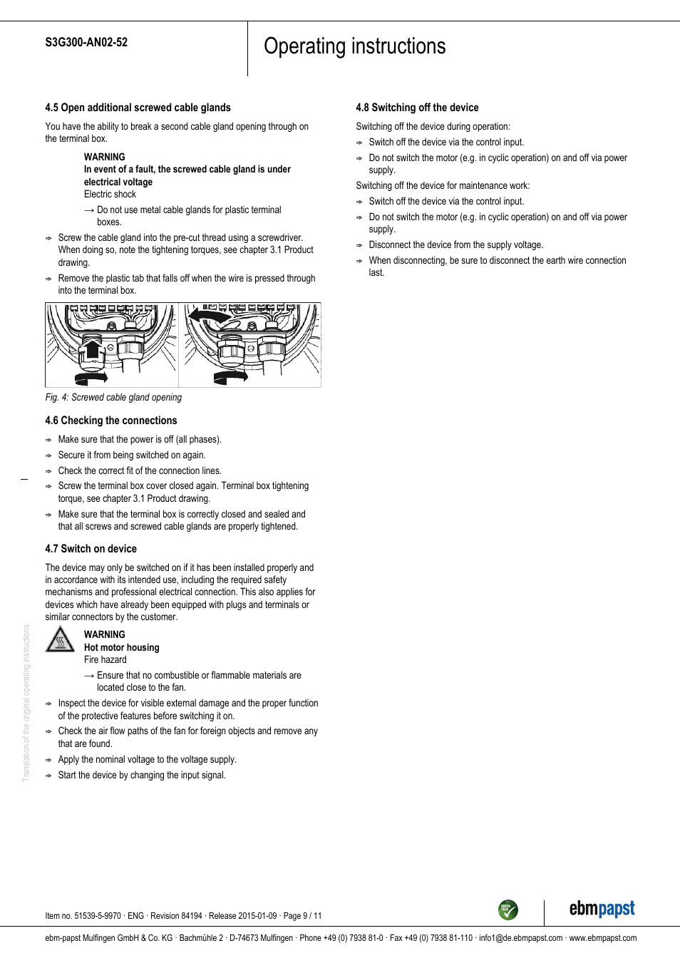 Operating instructions | ebm-papst S3G300-AN02-52 User Manual | Page 9 / 11