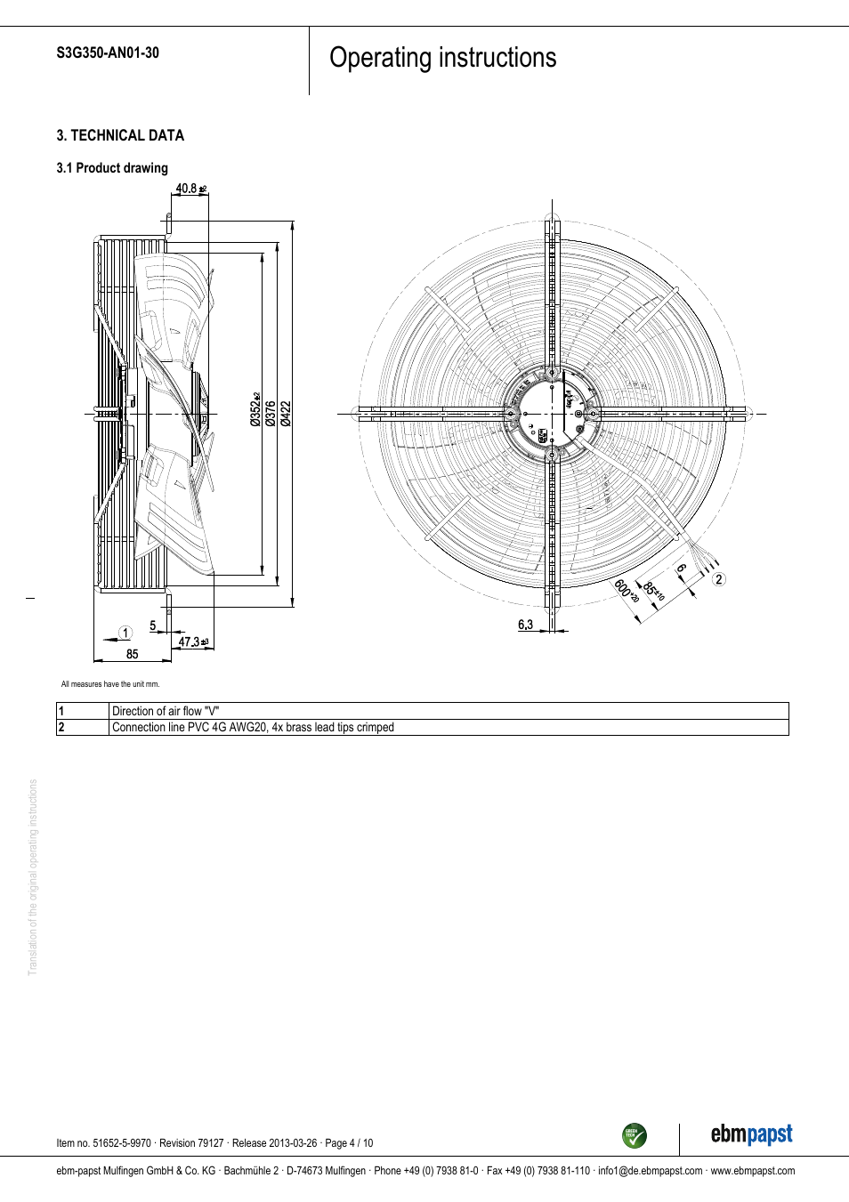 Operating instructions | ebm-papst S3G350-AN01-30 User Manual | Page 4 / 10