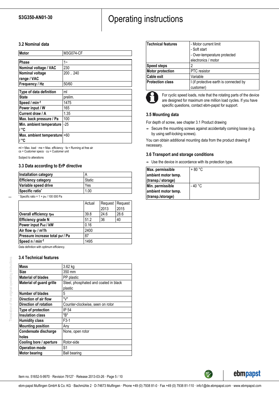 Operating instructions | ebm-papst S3G350-AN01-30 User Manual | Page 5 / 10
